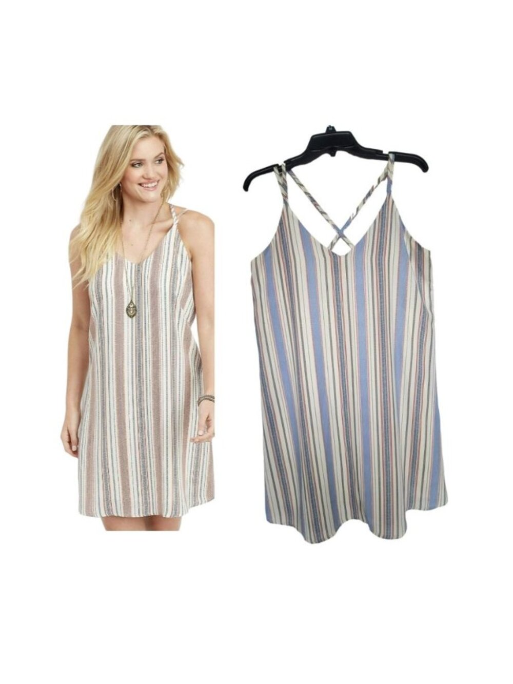 ✨Size M Women's Xhilaration BOHO Striped  Cris Cros Strap Mini Dress White Blue✨